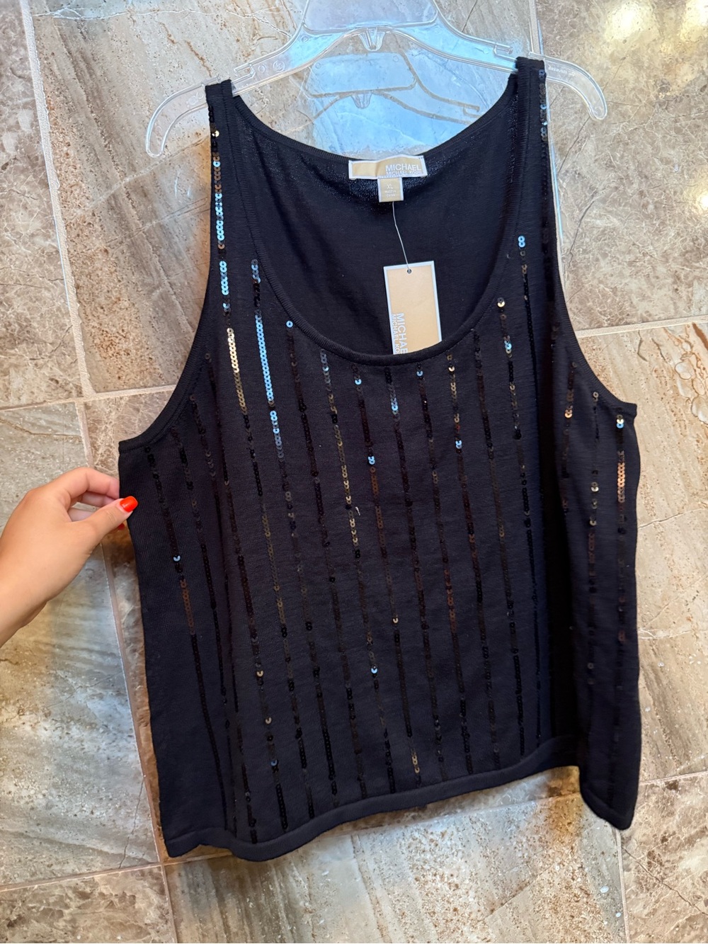 Micheal Kors Black Sequin Stripe Scoop Neck Tank Top